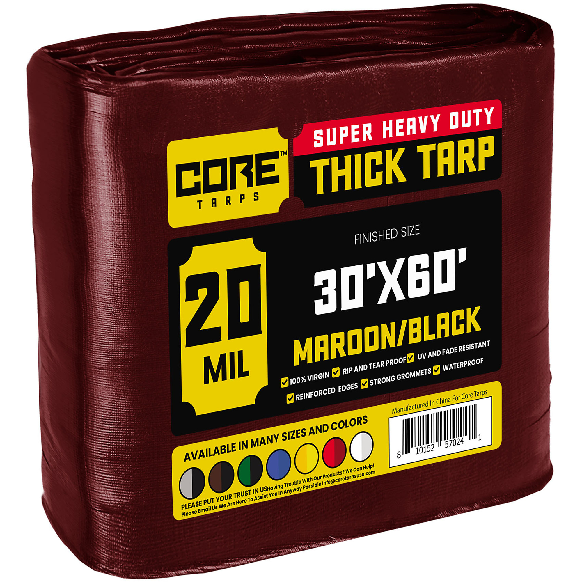 Core Tarps Extreme Heavy Duty Tarp Cover — 30ft. x 60ft., 20 Mil, Waterproof, UV Resistant, Rip and Tear Proof, Poly Tarpaulin, Reinforced Edges, Maroon/Black, Model# CT-707-30X60